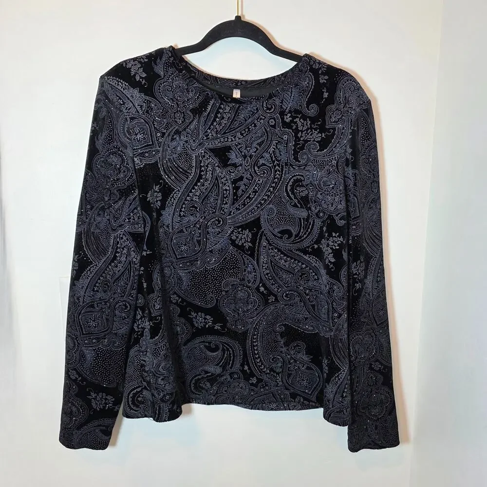 White Stag Black Paisley Velvet Long Sleeve Stretch Top Party Shimmer Size L